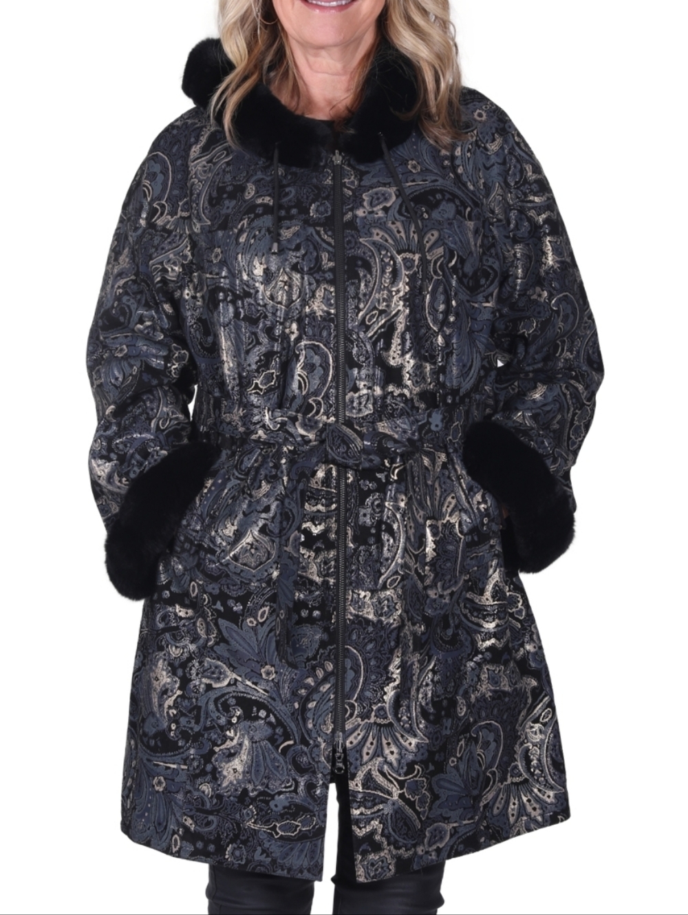 Reversible Cabretta Lamb Leather Paisley Coat with Rex Rabbit Fur Trim
